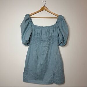 NEW SHOWPO Everleigh Gather Bodice Mini Dress in Blue smocked puff sleeve size 8